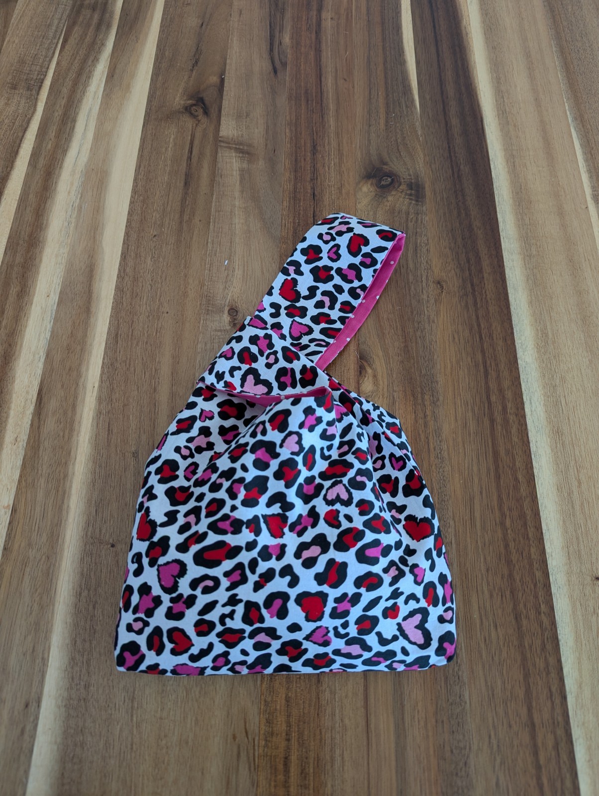 Japanese Knot Bag Reversible Pink Hearts Polka Dot Handmade Custom 12 x 8 inches