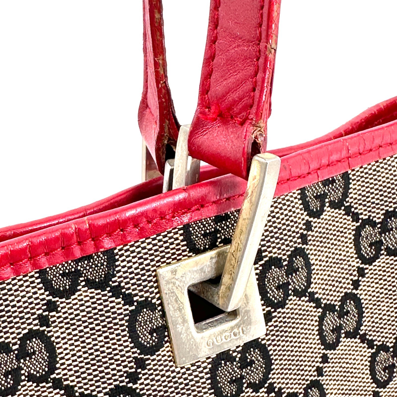 GUCCI GG Canvas Leather Tote Bag Hand bag 002.1098 Red Gray Authentic