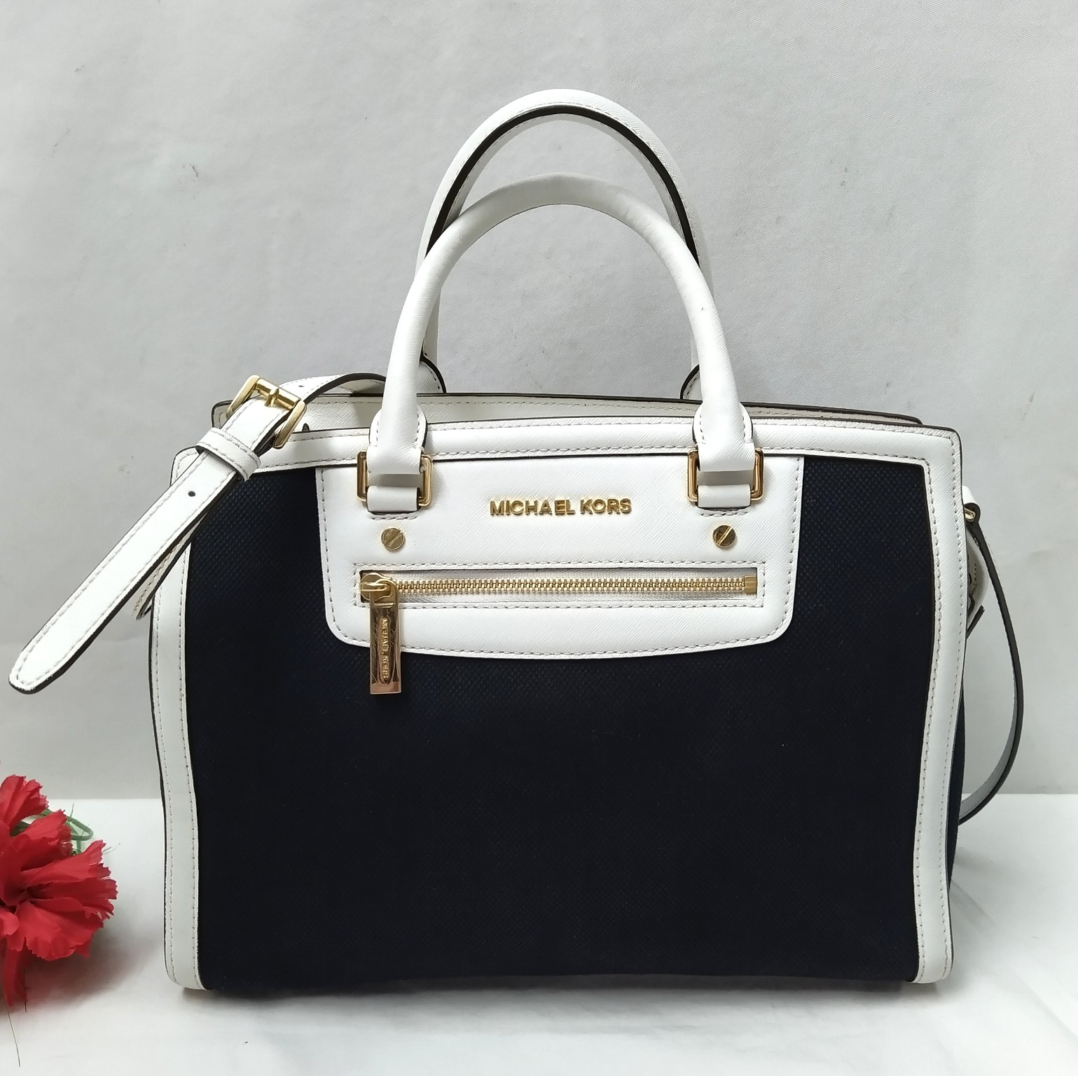 Michael Kors Selma Black White Canvas East West Double Handles Satchel Bag