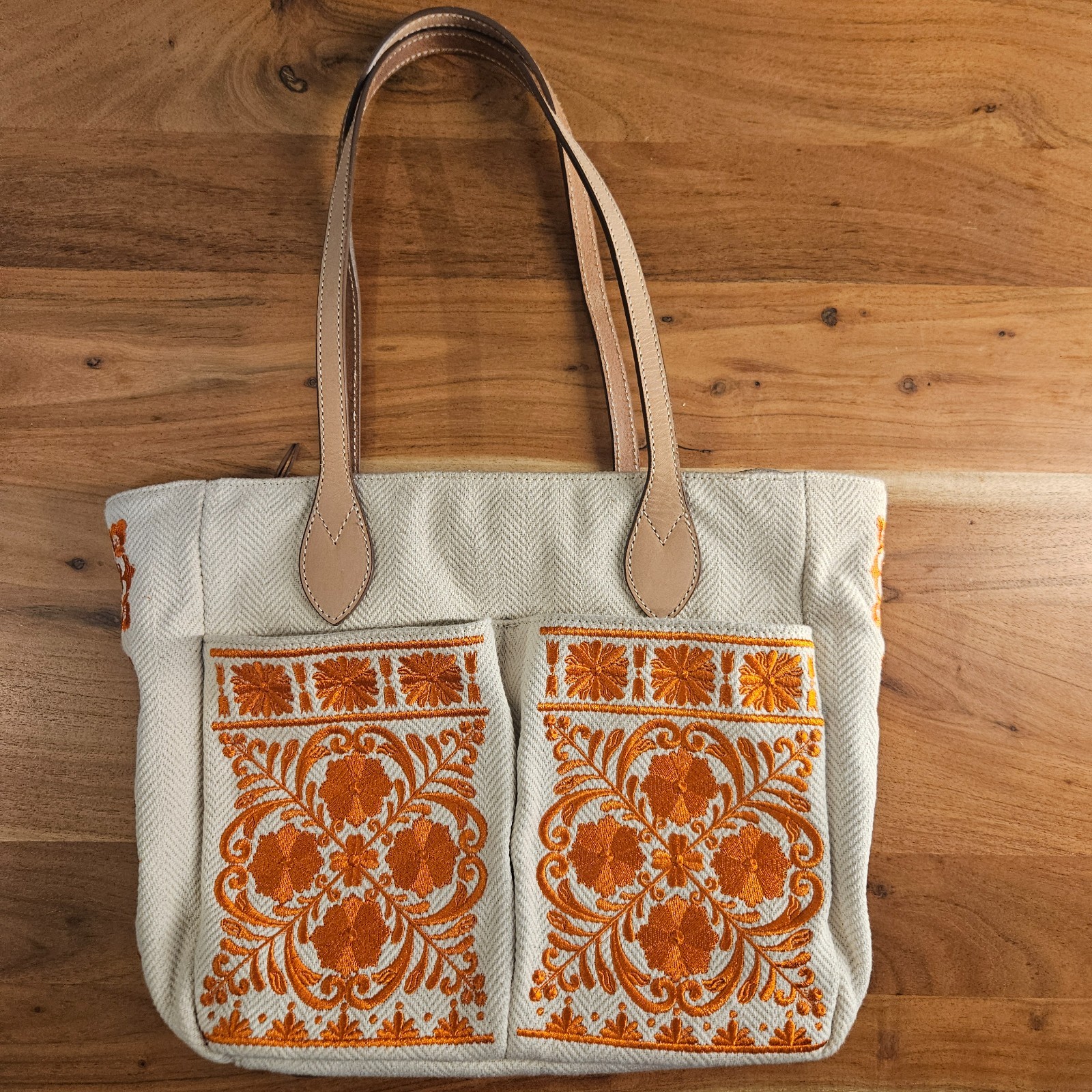 Brighton Embroidered Canvas Tote Bag Boho Orange Cream Beach Vacation Resort