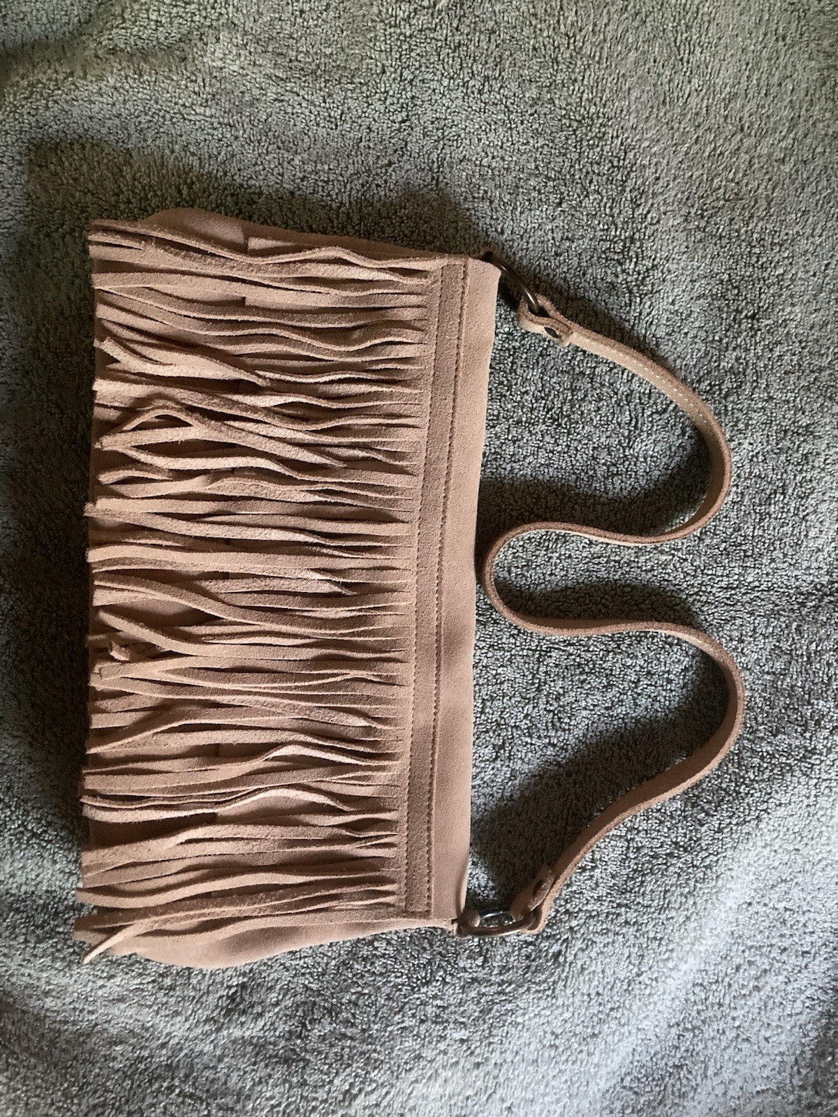 Old Navy Beige Leather Purse 12 x 7 Inches Fringed Flap Excellent Condition