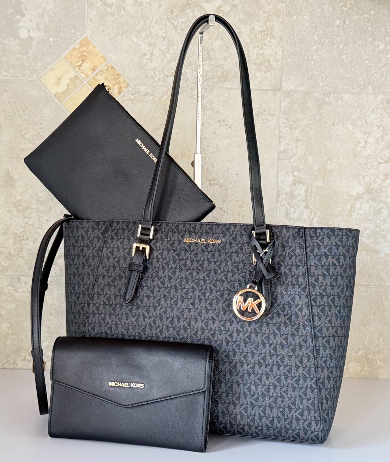 Michael Kors Charlotte 3 in 1 Tote Shoulder Bag + 2 Crossbody Bag MK Black