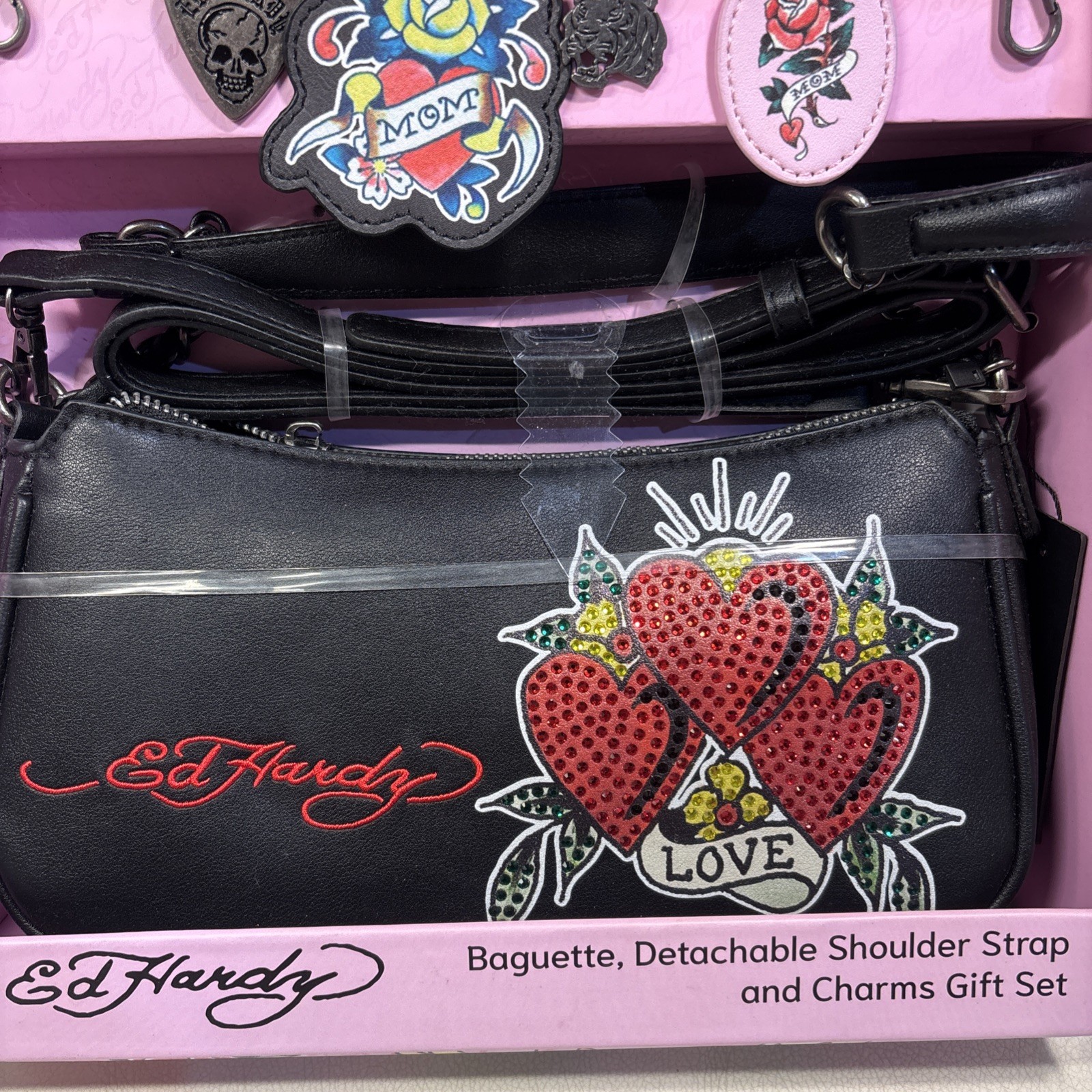 Ed Hardy Black Shoulder Bag Rhinestone Heart, Detachable Strap & Charm, Zip