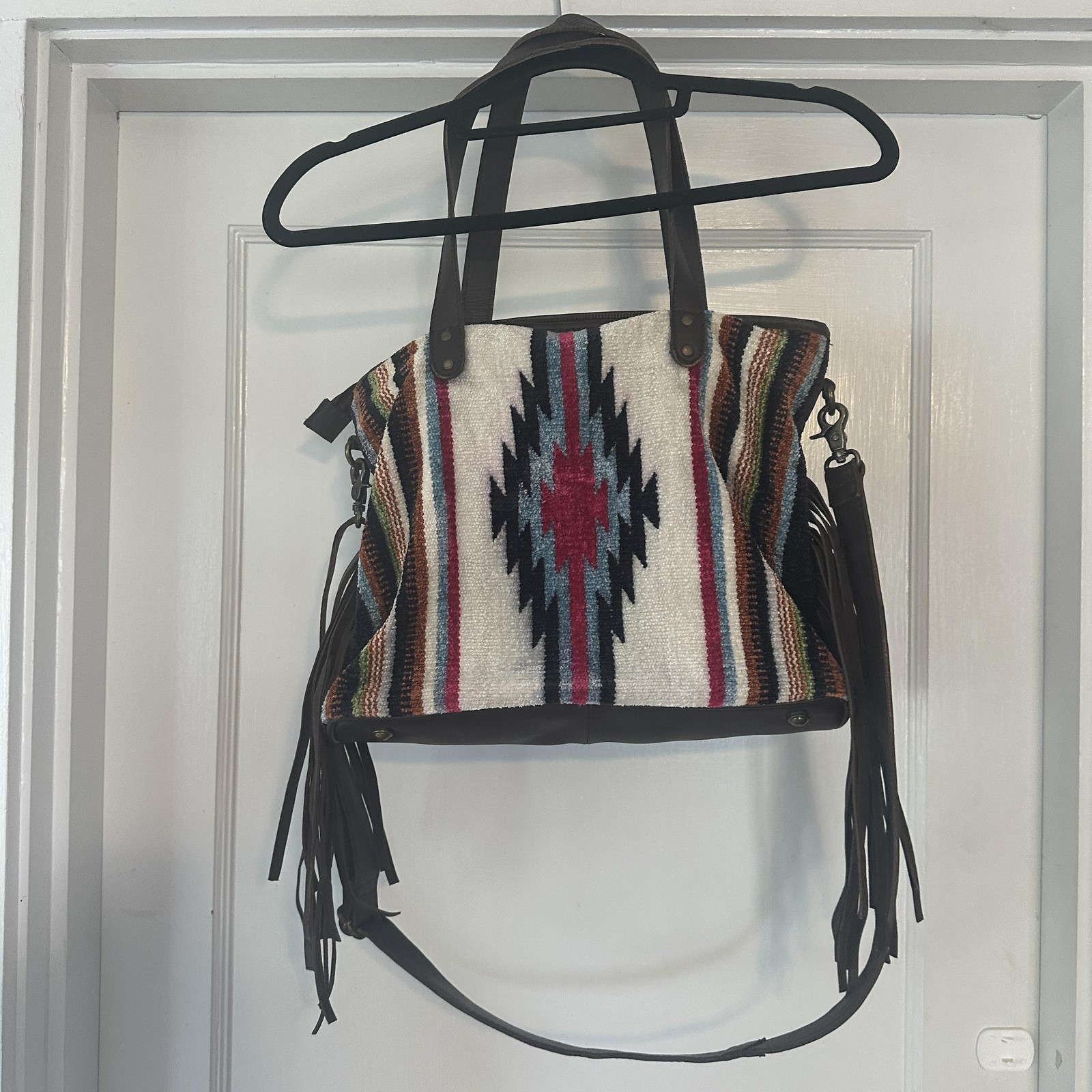 Montana Co Tote Bag Womens Large Southwestern Wool Leather Fringe Boho Purse