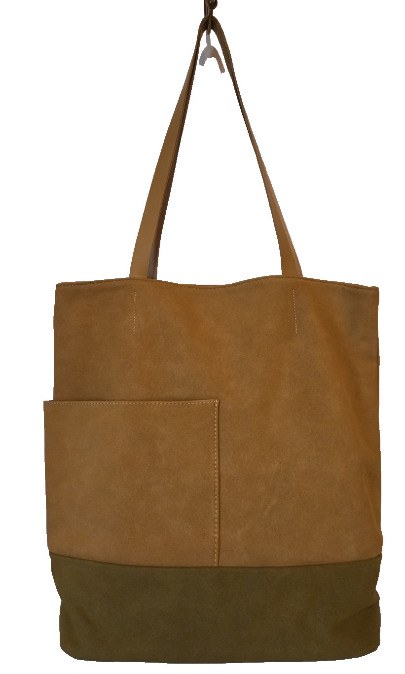 COCO & CARMEN Soft Vegan Leather Tote, Camel & Moss Green, Large