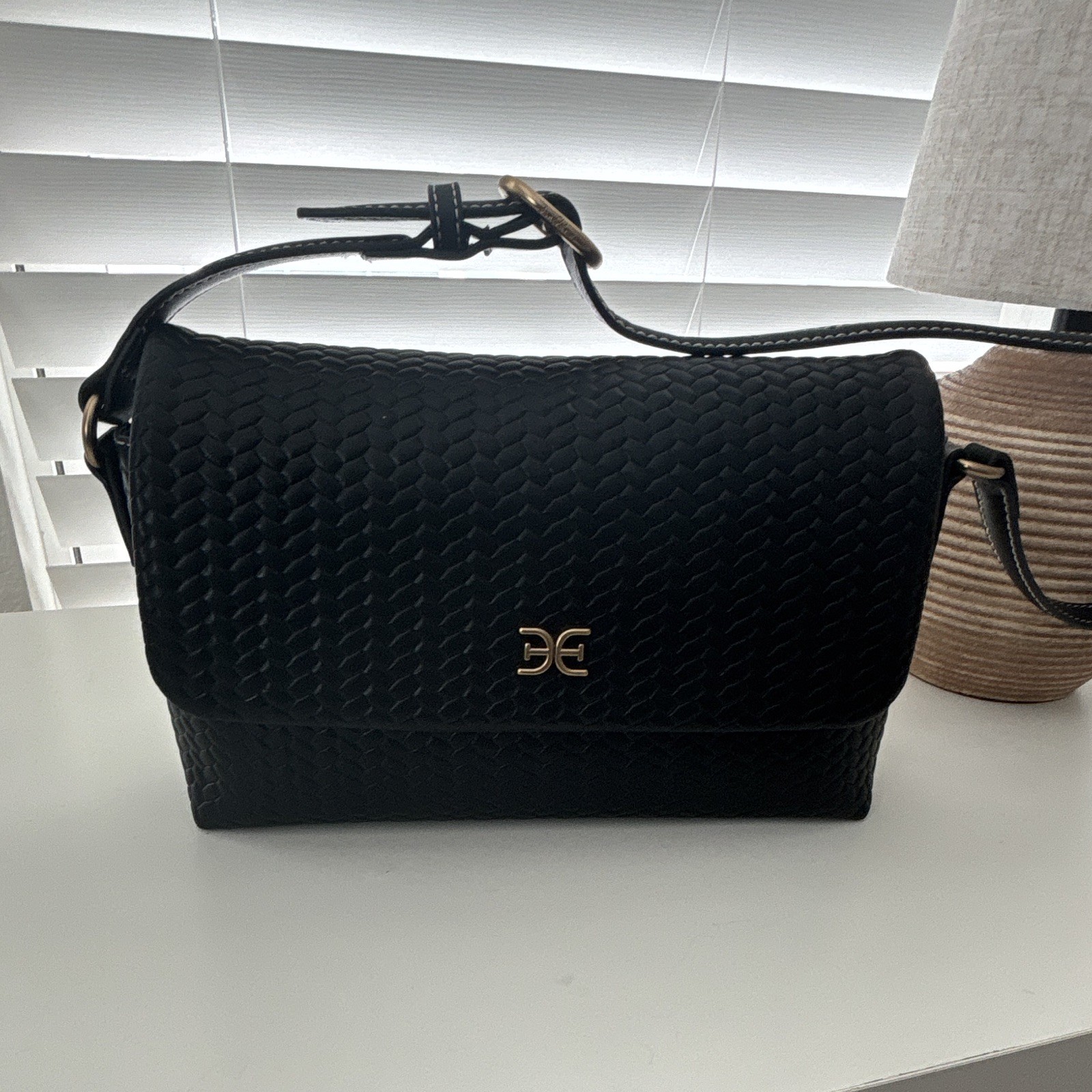 Sam Edelman Black Textured Shoulder Bag Gold Tone Logo Adjustable Strap