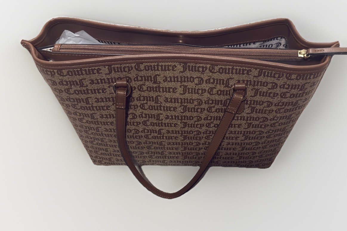 Juicy Couture Brown Logo Tote Bag Lemon Charm Gold Hardware Double Handles