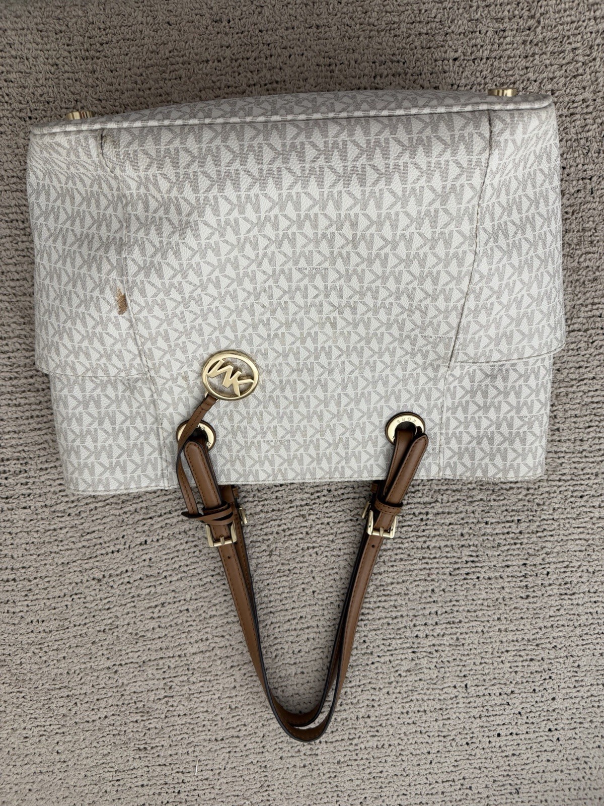 Michael Kors Logo Backpack White/Gray Brown Leather Strap Gold Hardware Charm