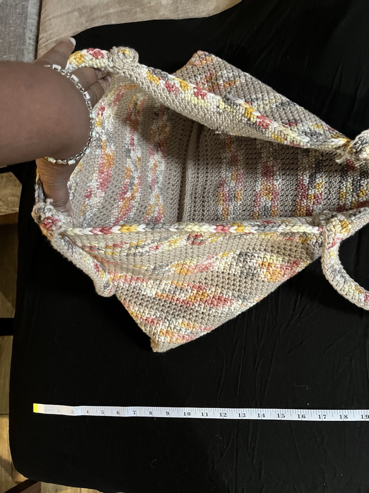Handmade Crochet Women’s Tote Bag Gray Multicolor Rectangle Double Handles
