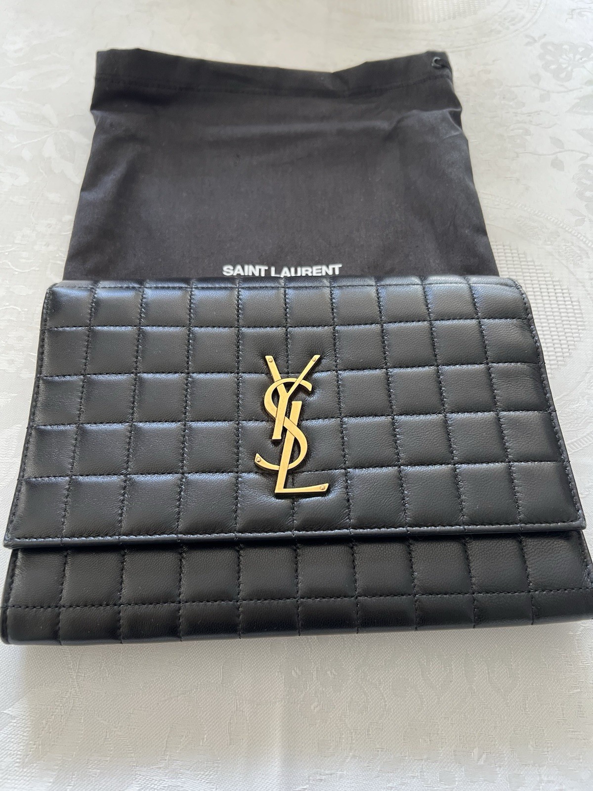 Saint Laurent Black Quilted Pouch with Gold Logo NWB