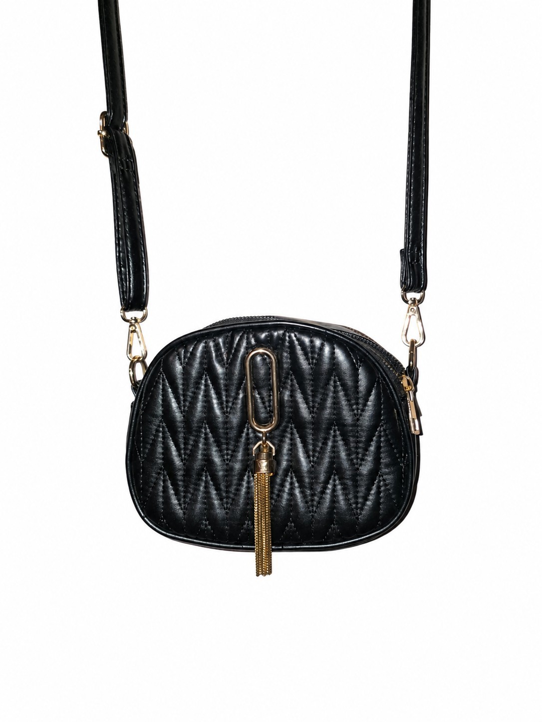 Women’s Black Quilted Faux Leather Crossbody Bag with Tassel – Elegant