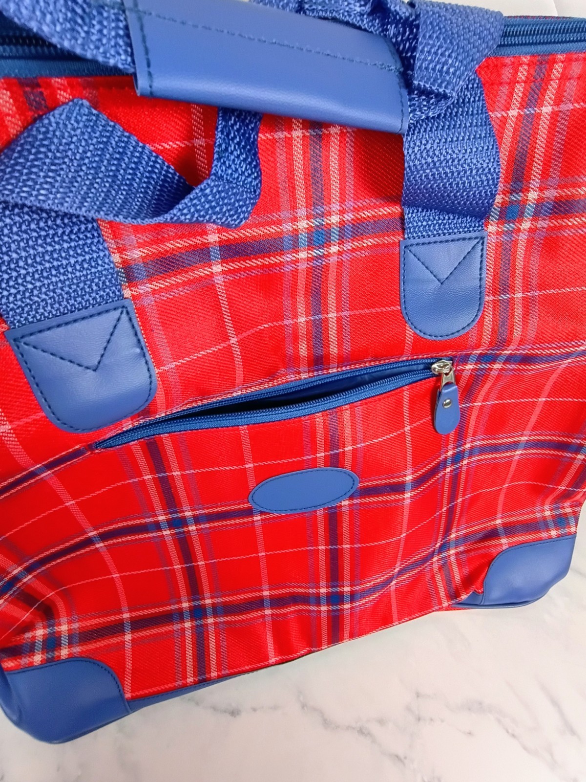 WOMAN WITHIN Travel Bag & Matching Cosmetic Pouch, 2 Pc Tote Set, Red Blue Plaid