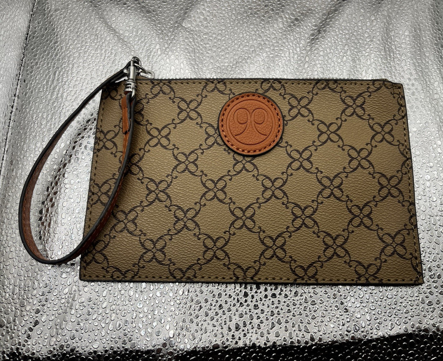 Women’s Beige/Brown Monogram Wristlet Clutch Zip Wrist Strap Pockets