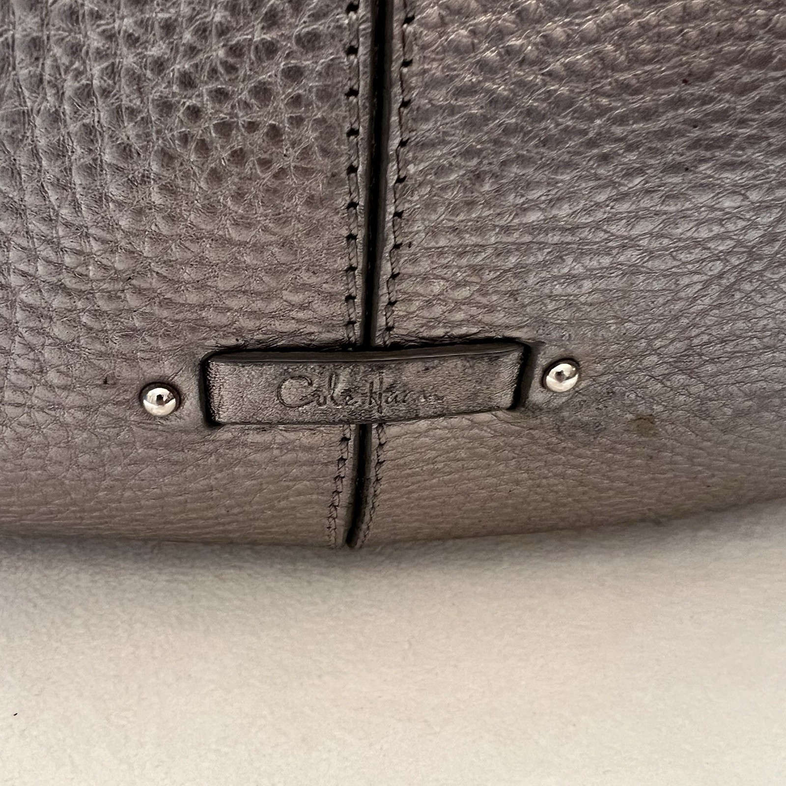 Cole Haan Platinum Silver Metallic Pewter Leather Handbag Hobo Tote Purse