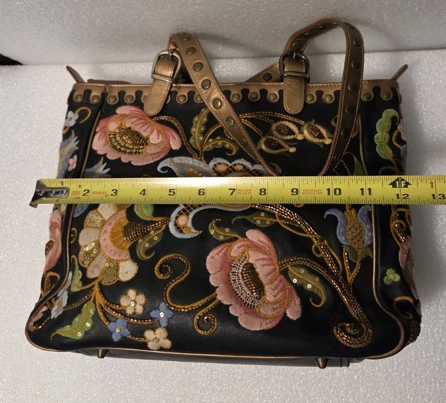 Isabella Fiore Black Suede/Genuine Tooled Rivets Leather Floral Designer Satchel