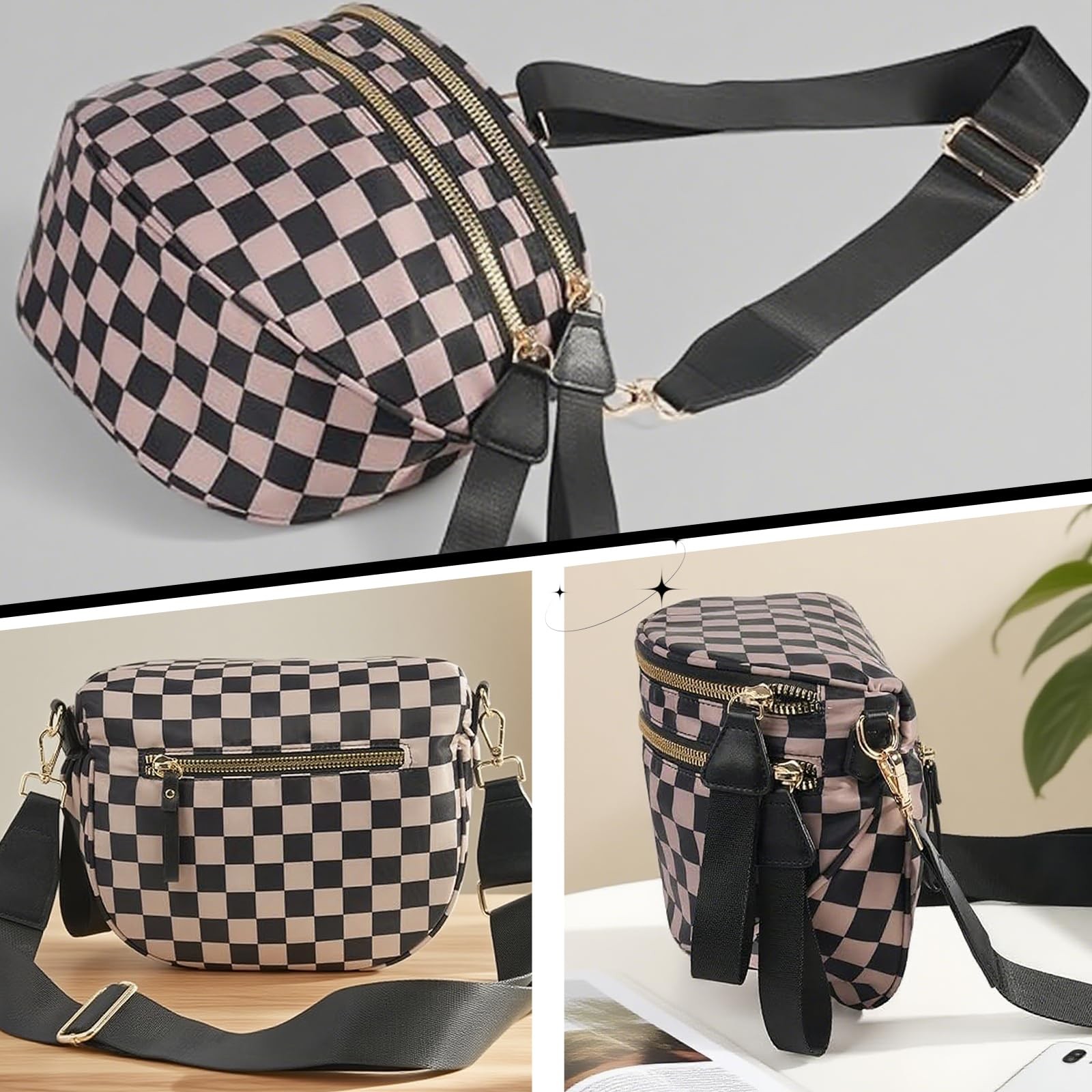 Khaki Black Checkered Crossbody Spacious Nylon Mom Purse Fanny Pack Bum Bag