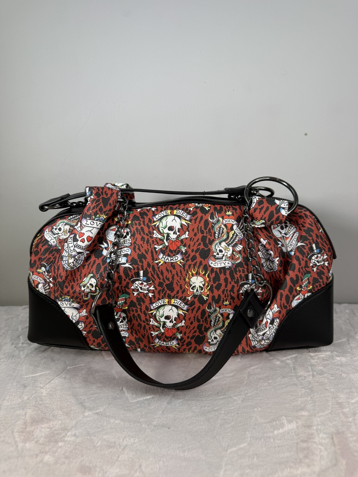 Ed Hardy Red Leopard Tattoo Print Shoulder Bag