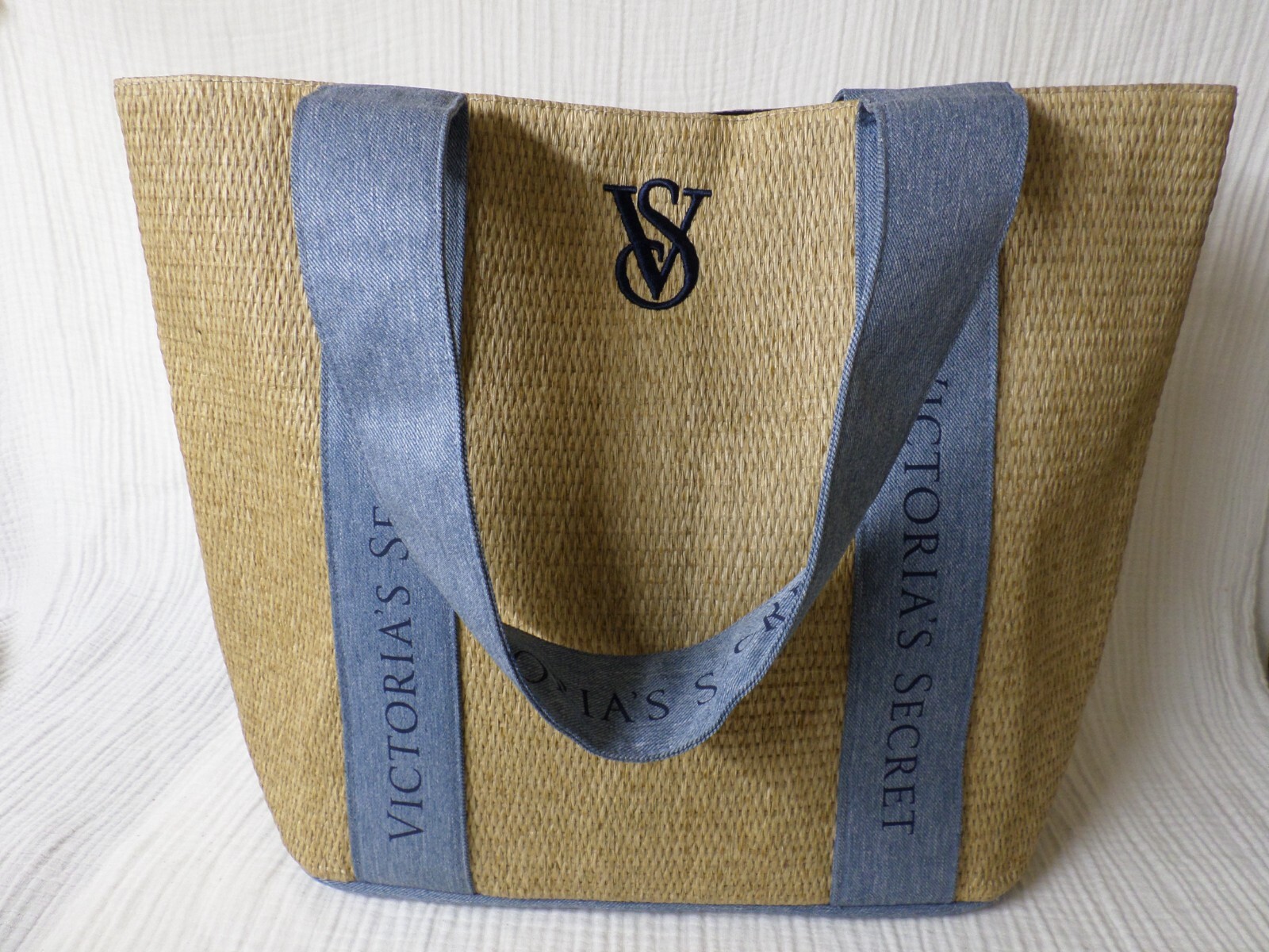 Victoria’s Secret Straw Beach Tote Travel Bag Logo Blue Denim Straps, Beige