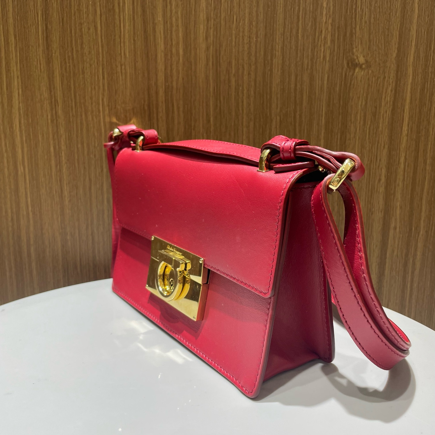 Authentic Ferragamo Gancini Messenger Bag in Red Leather Gold Hardware AG