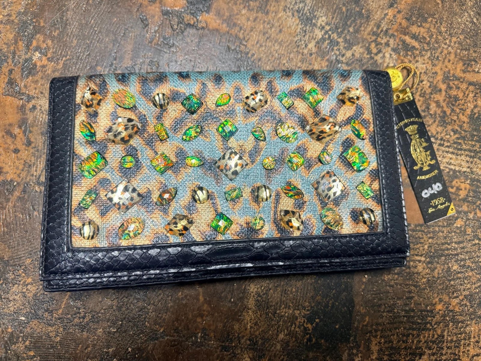 NWT Christian Audigier Leopard Print Jeweled Clutch with Faux Snake Skin Interio