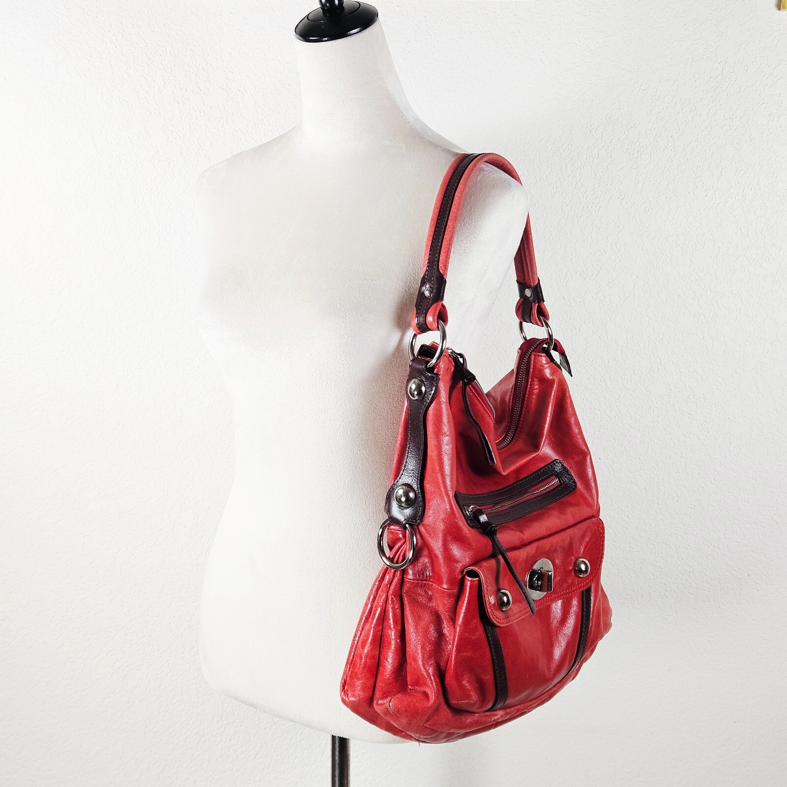 Tano Purse Slouchy Hobo Chunky Studded Leather Sachel Shoulder Bag Red