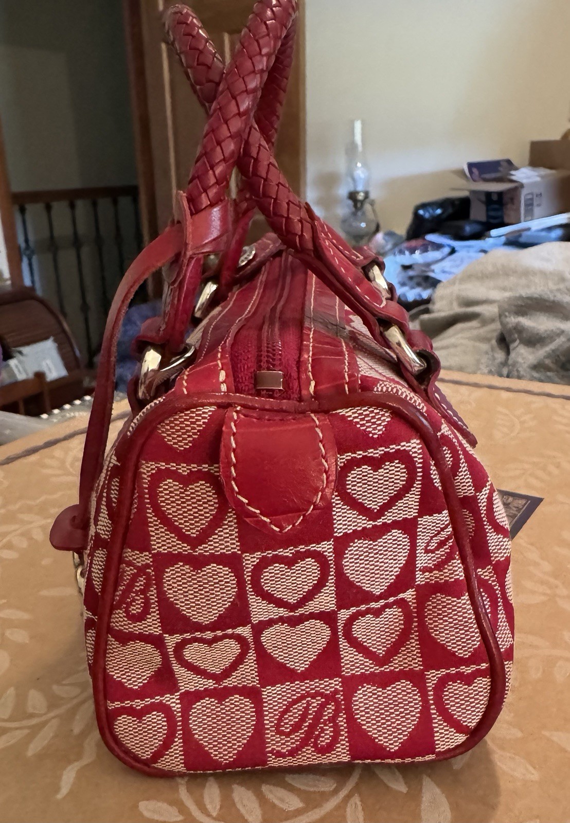 Brighton Red Heart Print Small Satchel Top Handles Zip Bag w/ Charm, Pockets