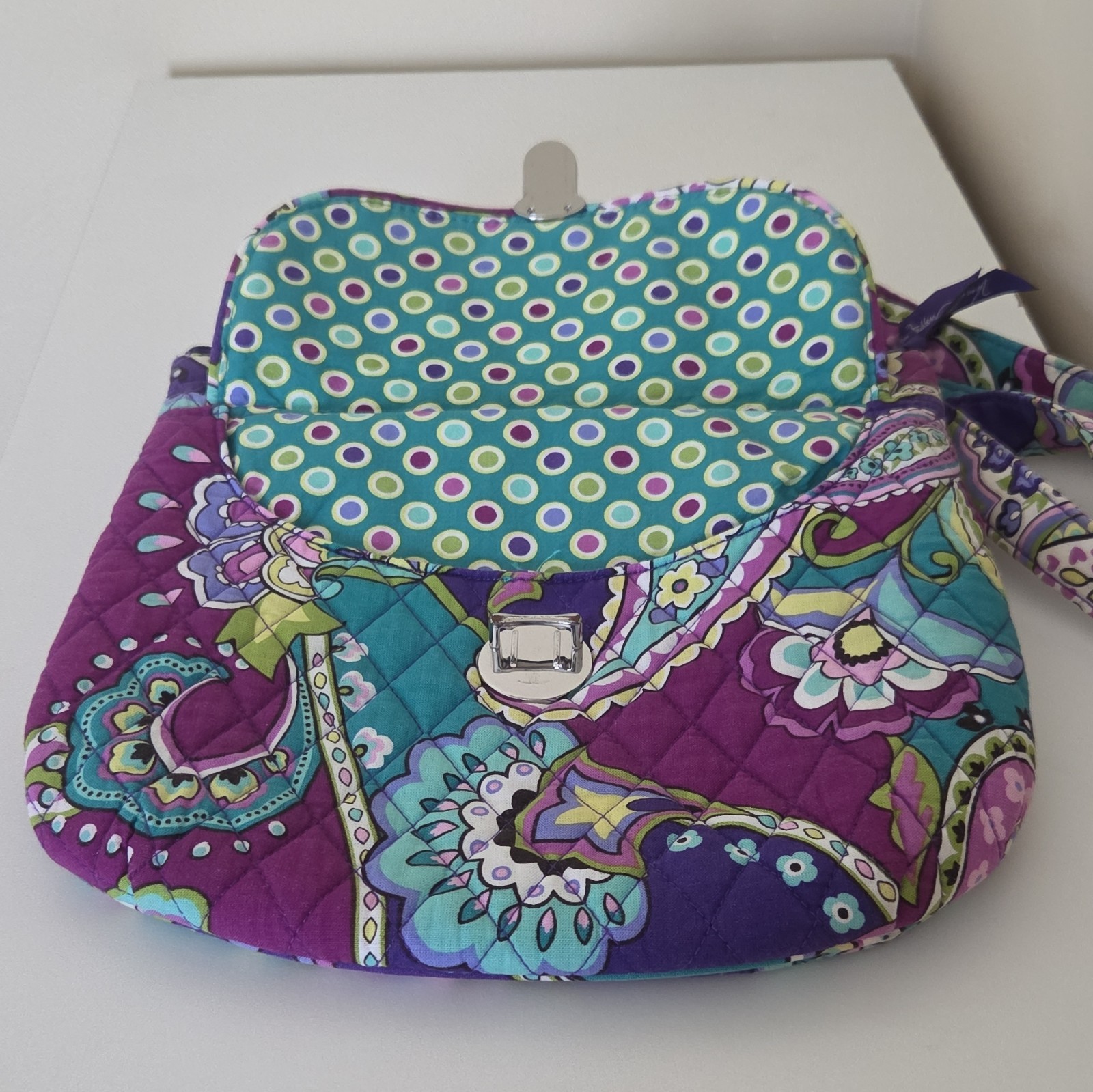 Vera Bradley Paisley Crossbody Bag Purple Teal, Zip & Turn Lock, Pockets Strap