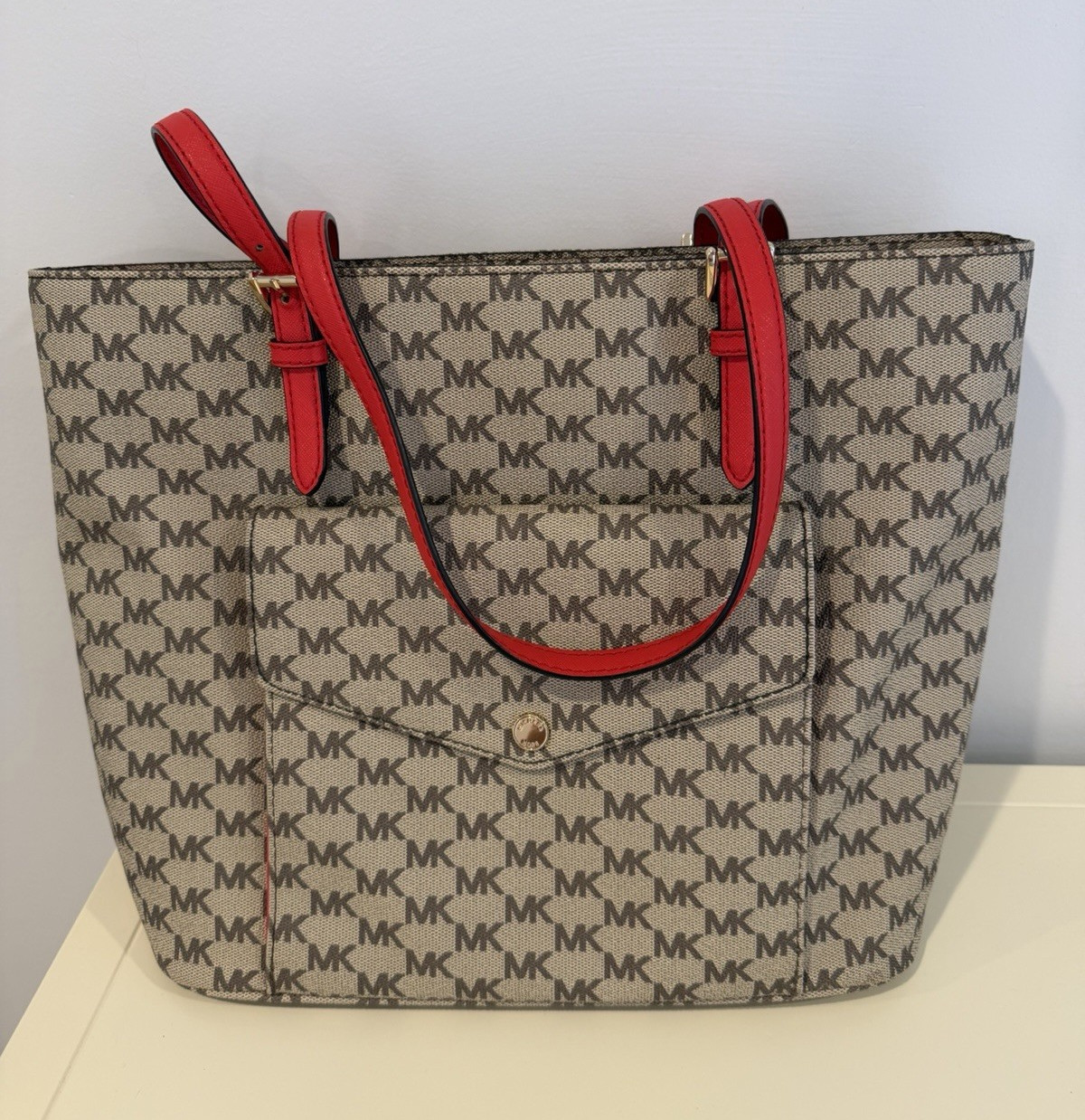 Michael Kors Jet Set Jacquard Tote Bag with Red Accents