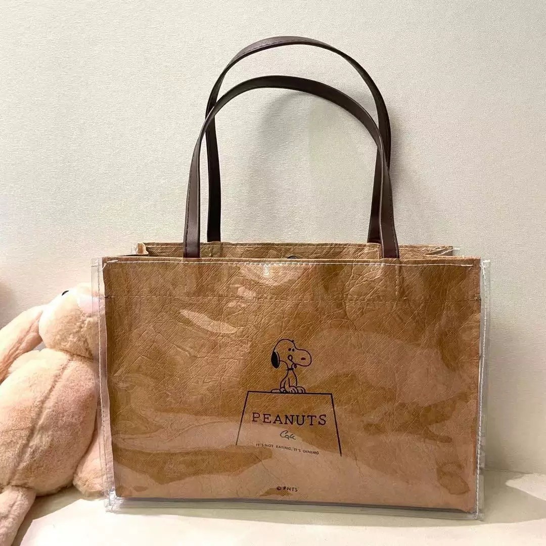 PEANUTS Cafe NGO Brown Bag Tote Crinkled Waterproof Snoopy One Mile Shopper Bag
