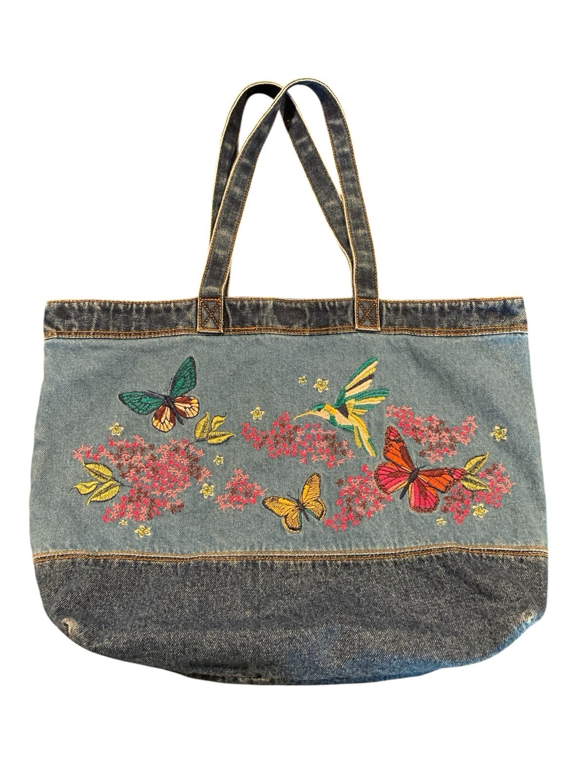 DG2 Diane Gilman Denim Tote Embroidered Floral Butterflies Hummingbird