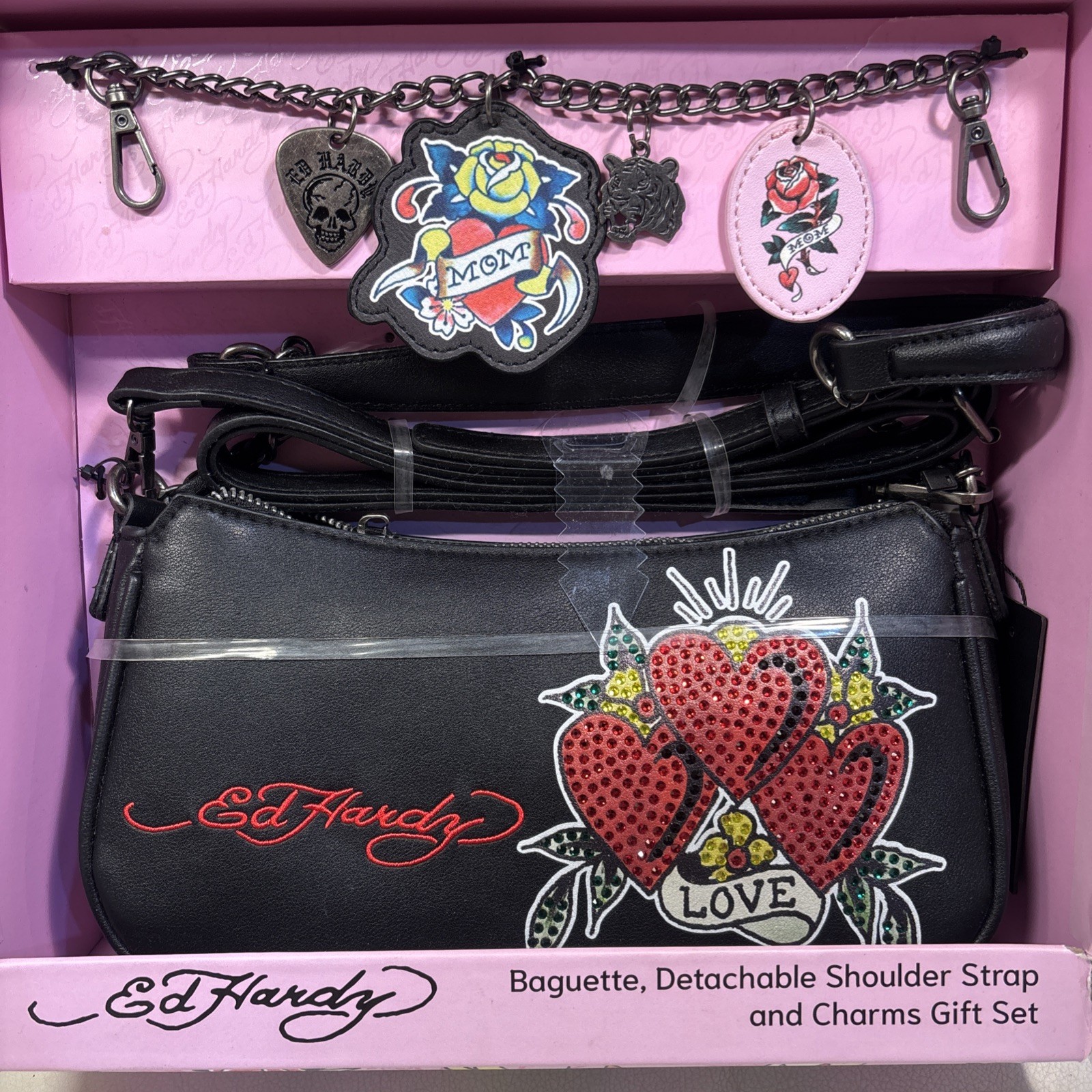 Ed Hardy Black Shoulder Bag Rhinestone Heart, Detachable Strap & Charm, Zip