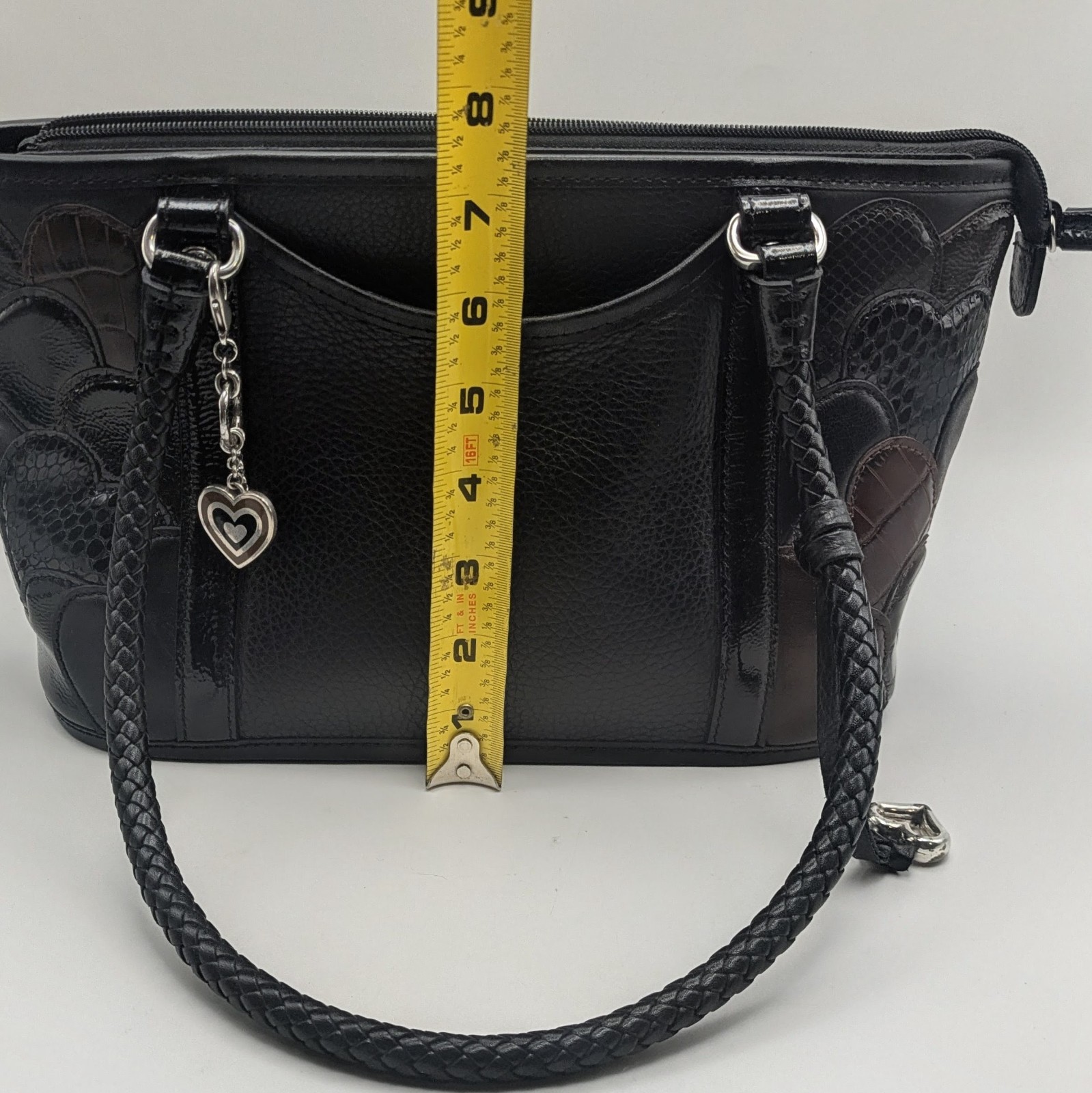 Vtg Brighton Fresca Black & Chocolate Purple Lining Leather 3D HEARTS Handbag