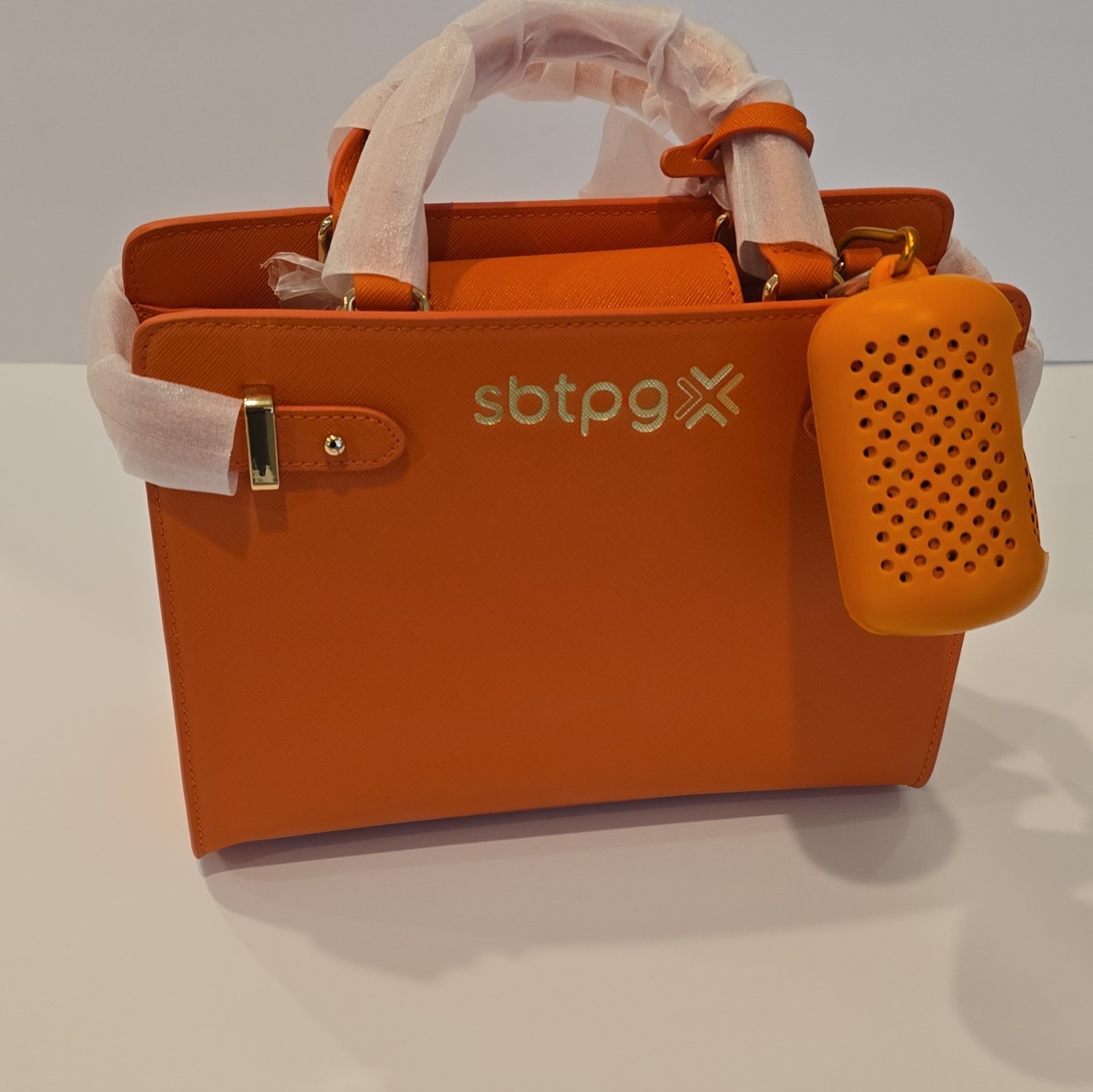 sbtpg Orange Zip Satchel Top Handle Bag w/ Bag Charm, Hangtag, Inner Pockets