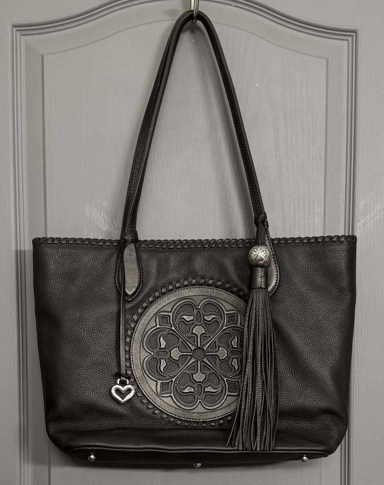 BRIGHTON FERRARA COLLECTION PEWTER GABRIELLA MEDALLION TASSELED TOTE PURSE