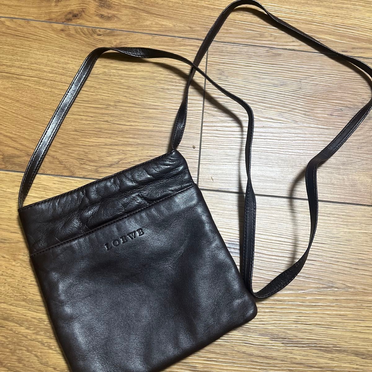 Loewe mini shoulder bag leather pochette logo embossed w/dustbag brown 17.5x17cm