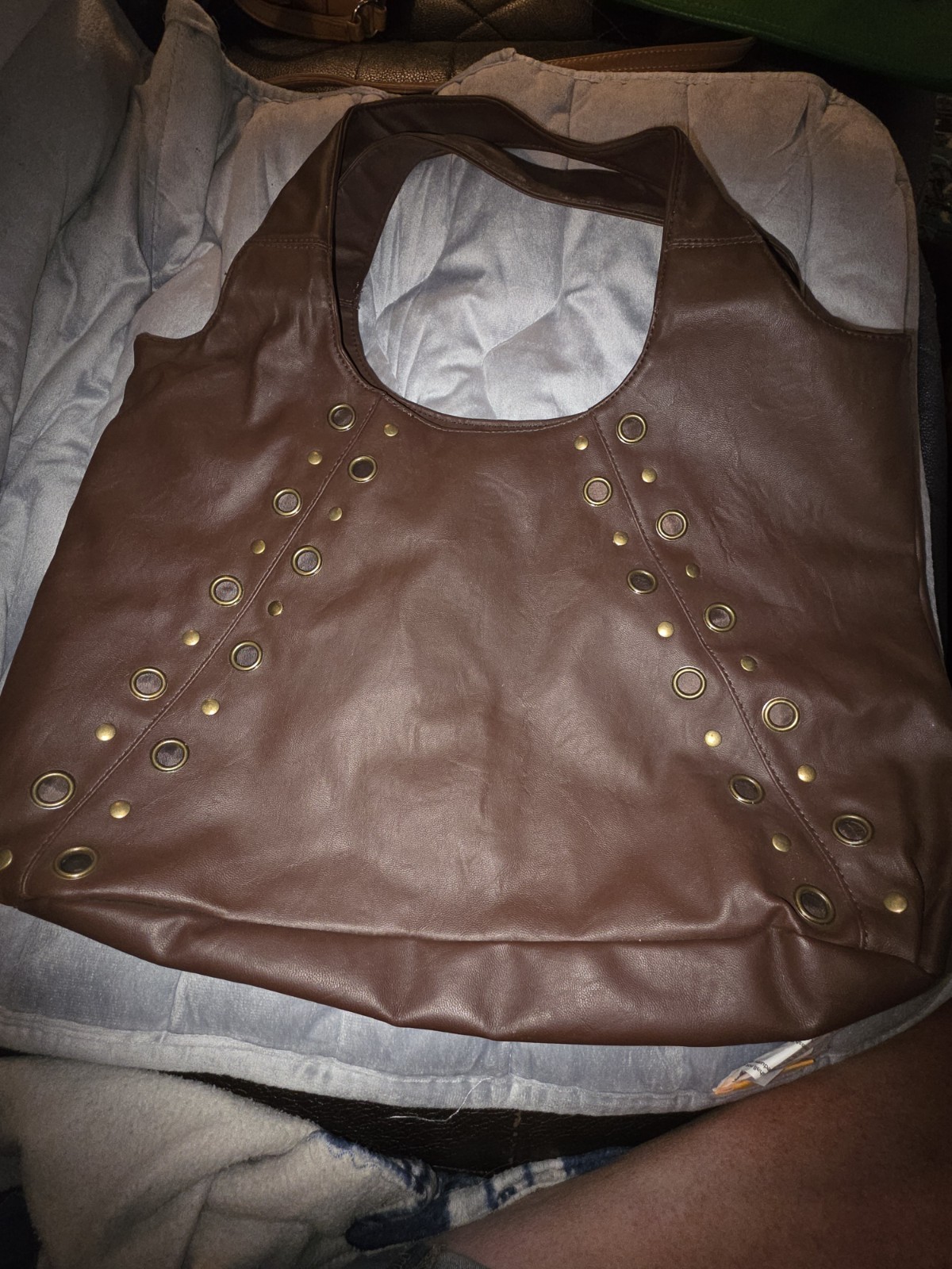 Brown Solid Shoulder Bag Grommet Accents Gold Hardware Lined Inner Zip Pocket