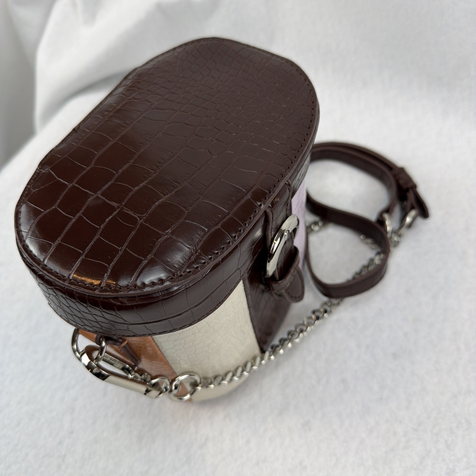 Madden NYC Women’s Purse Faux- Crocodile Embossed Cylinder Bag Silver Chain