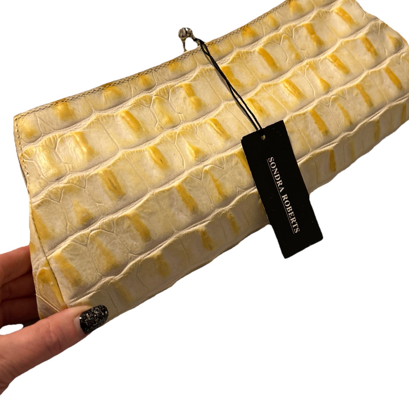 Sondra Robert’s Leather Textured Clutch Yellow Z Bag Shoppe Retail $180
