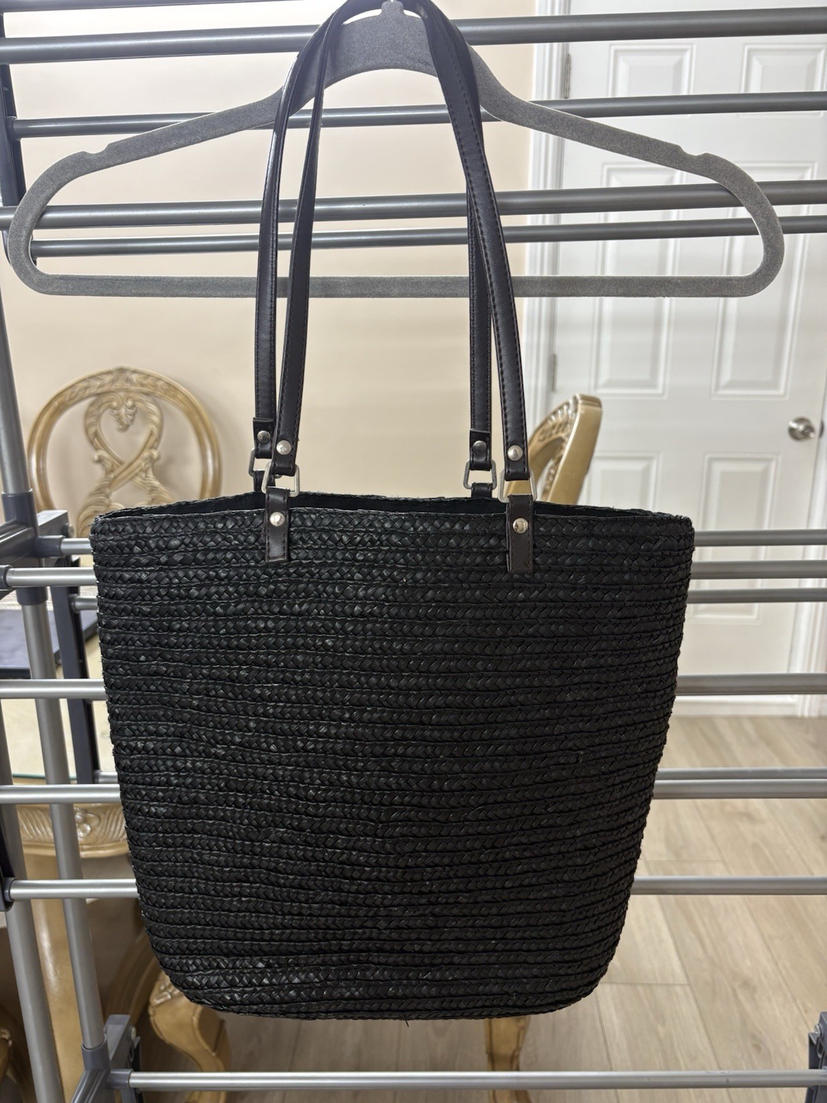 Black Woven Tote Bag | Large Shoulder Bag | Braided Straw Look Everyday Tote