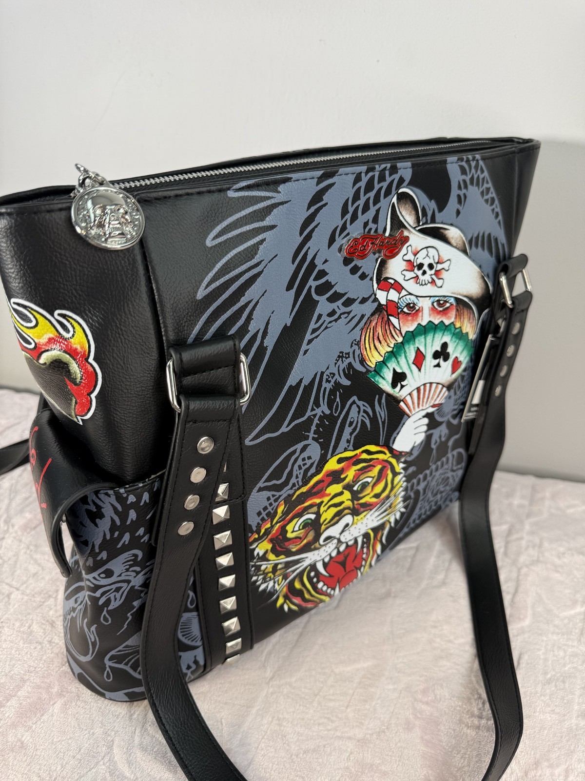 Ed Hardy Studded Tattoo Print Shoulder Bag