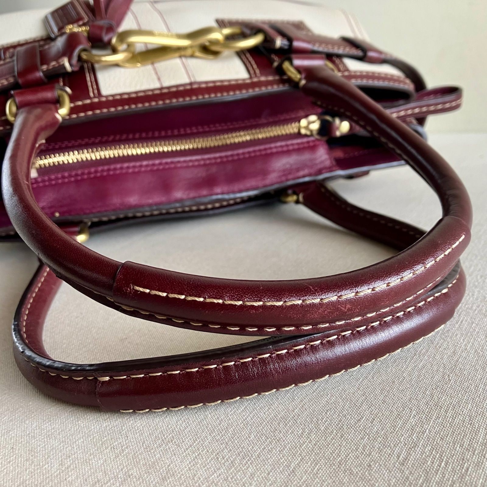 Coach Hampton Cream Burgundy Leather Tote Bag Y2K Authentic Vintage Carryall