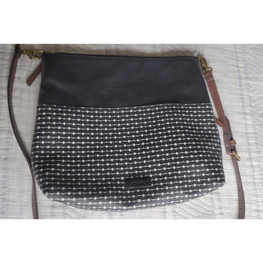 Fossil Fiona Crossbody Bag – Black/White Pattern & Leather Trim