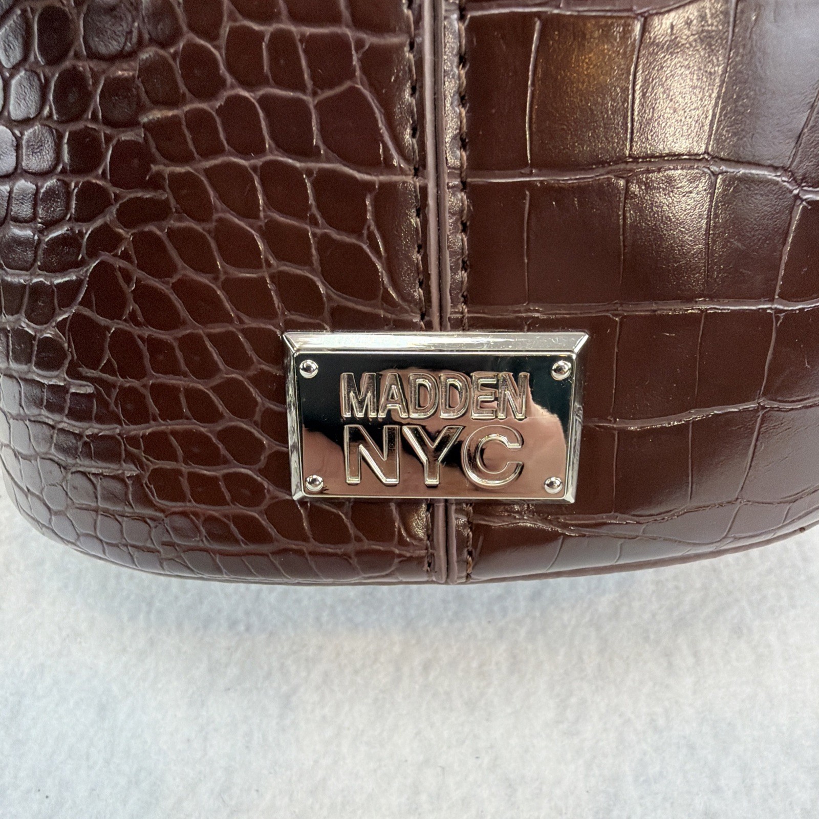 Madden NYC Women’s Purse Faux- Crocodile Embossed Cylinder Bag Silver Chain