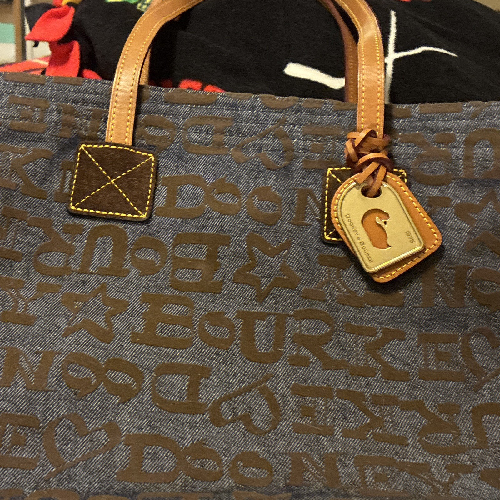 Dooney & Bourke Blue/Brown Logo Tote Zip Gold Hardware Double Leather Handles