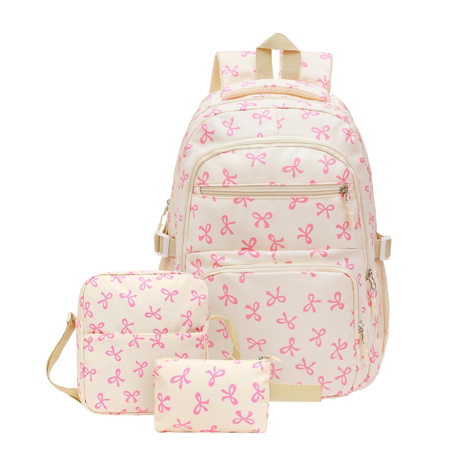Cute Pink Bow Backpack Set for Women, Large Capacity Shoulder Bag 3PCS