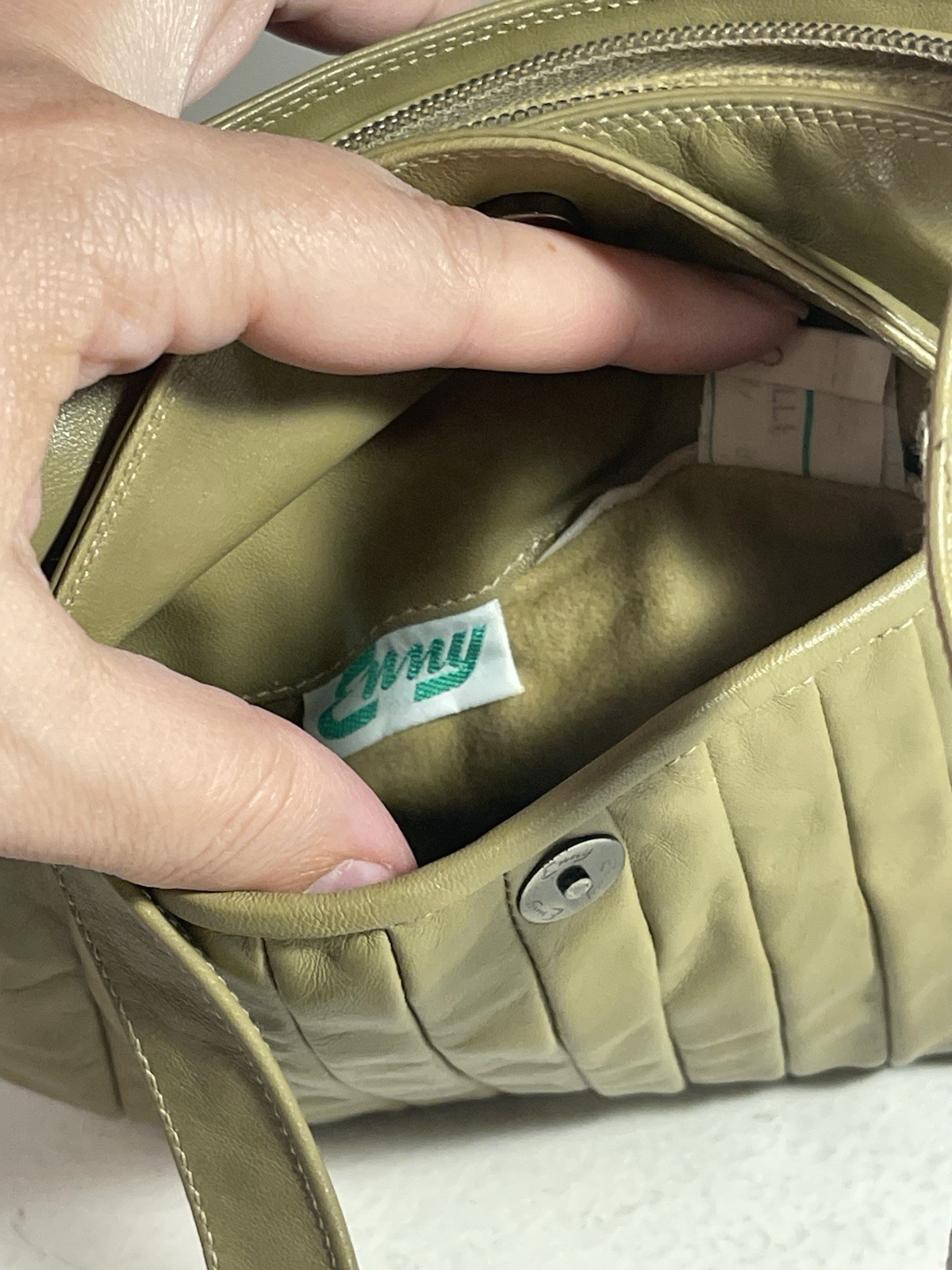 Vintage Enny Italy Olive Green Leather Shoulder Bag Pleated Ruched Accordion 80s