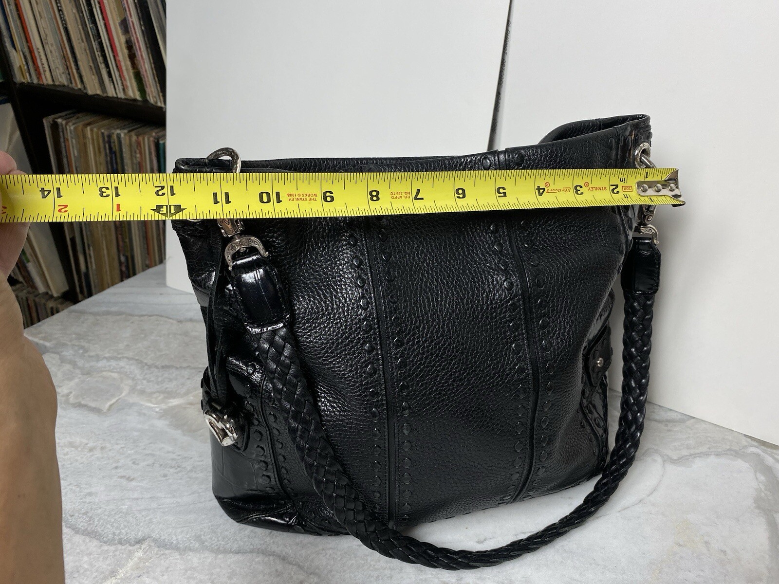 BRIGHTON COLLECTION BLACK LEATHER Whip Stitch HOBO HANDBAG Crocodile Pattern-FS!