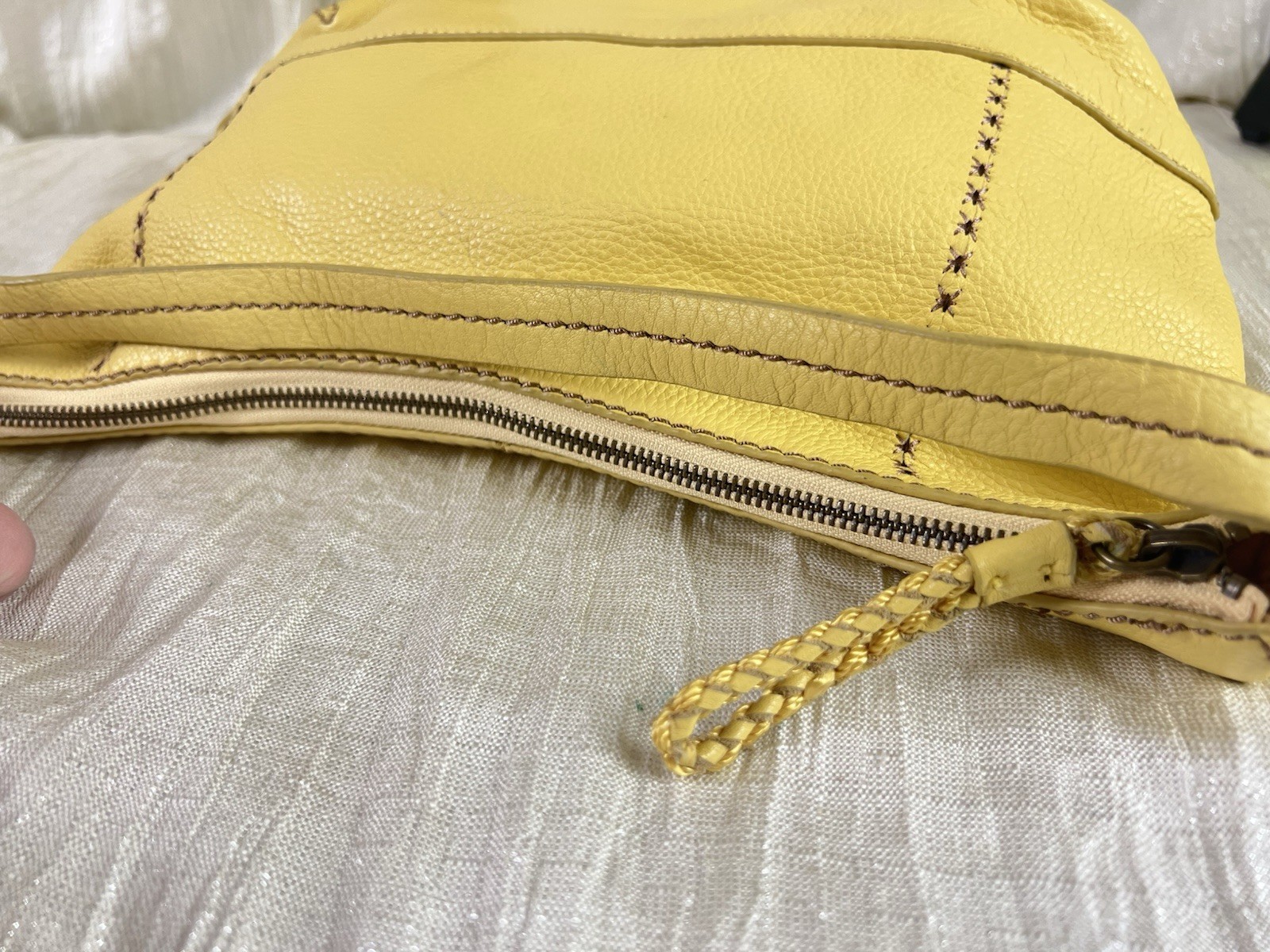 The Sak Yellow Pebbled Leather Hobo Shoulder Bag Purple Stitch Boho Purse