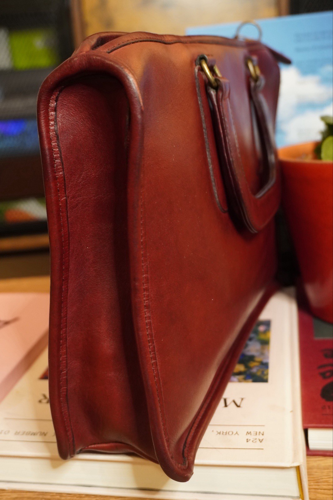 Vintage Coach Slim Satchel-Rare-Made In NYC-Red/Burgundy-Glove Tanned Leather.