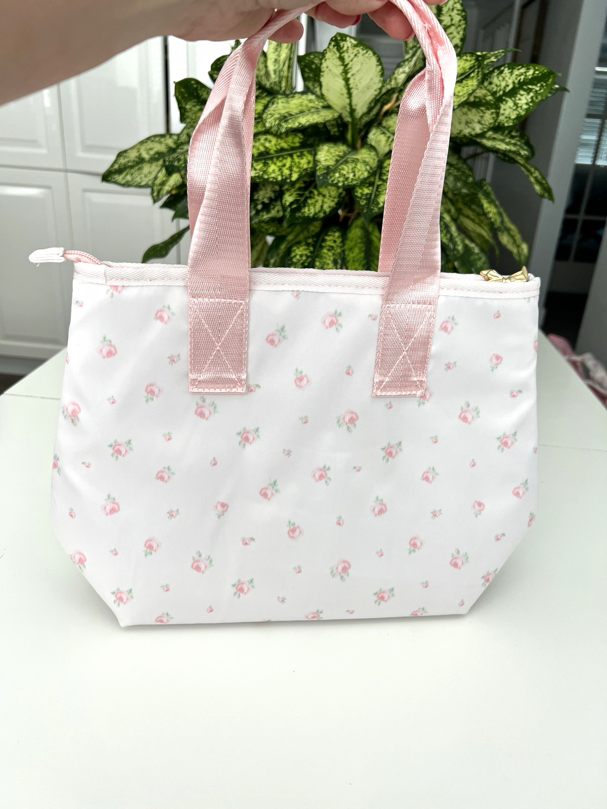 LoveShackFancy x Yoobi Floral Zip Tote Lunch Bag Bow Charm Gold Hardware Pink